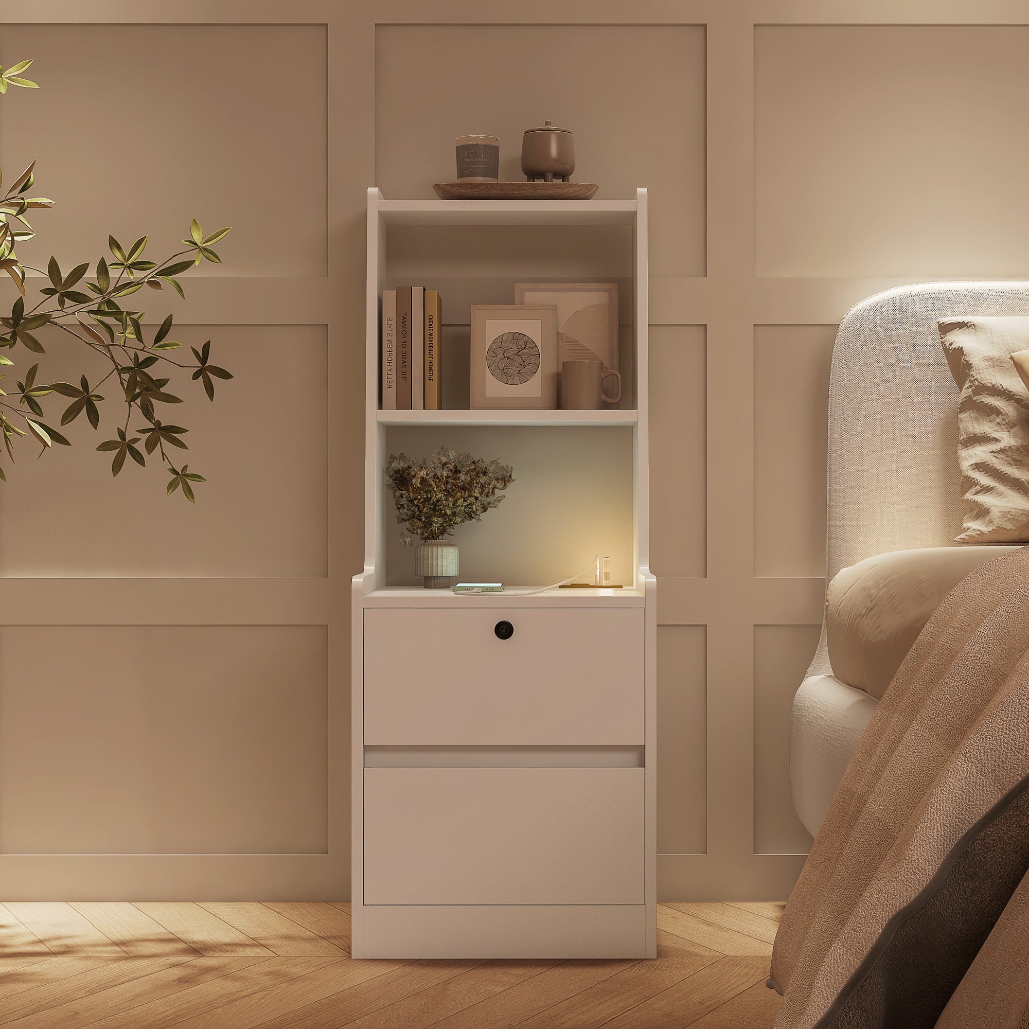 Modern Nightstand with Charging Station, Night Light & Storage Cabinet – White