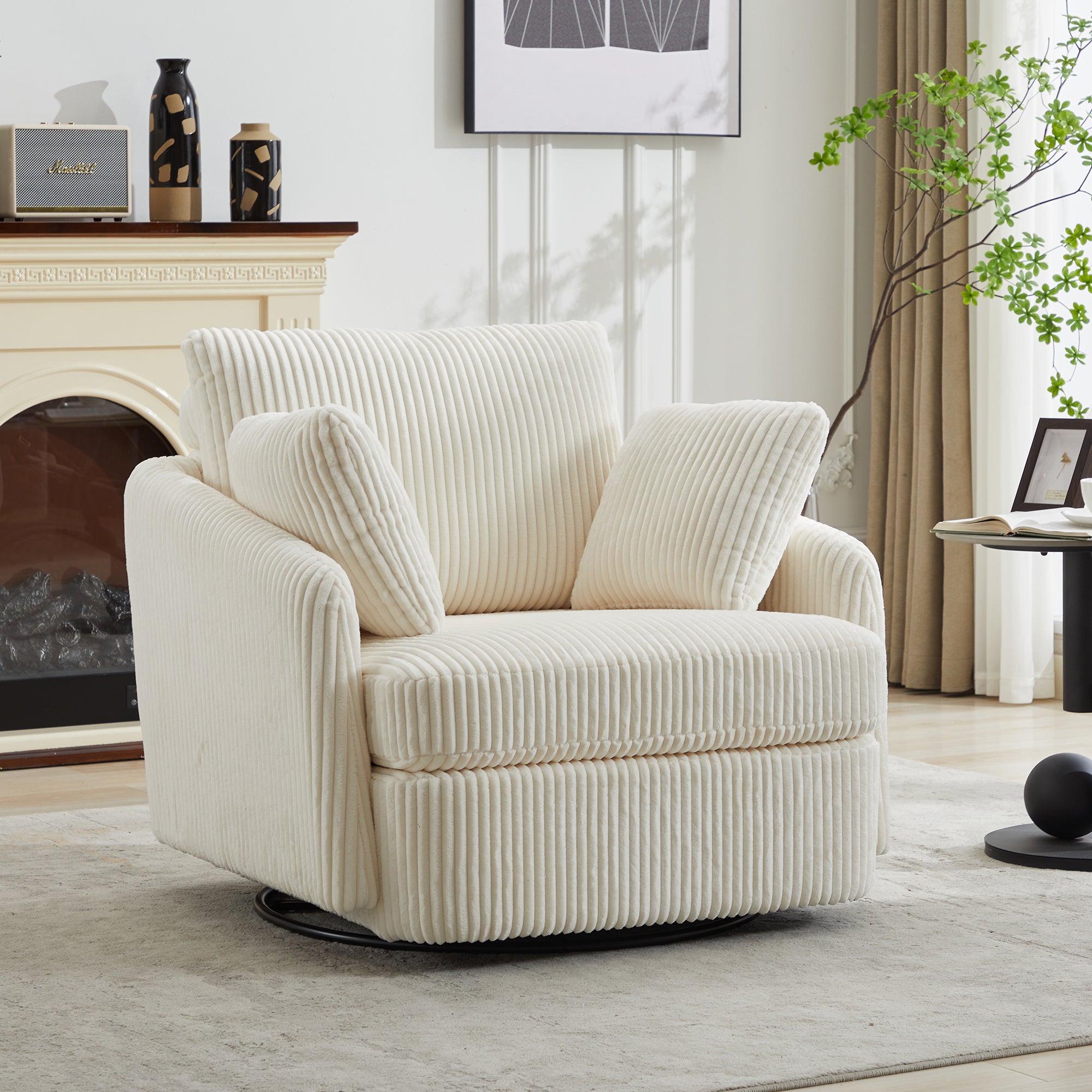 360° Swivel Accent Chair with 2 Pillows, Ivory.