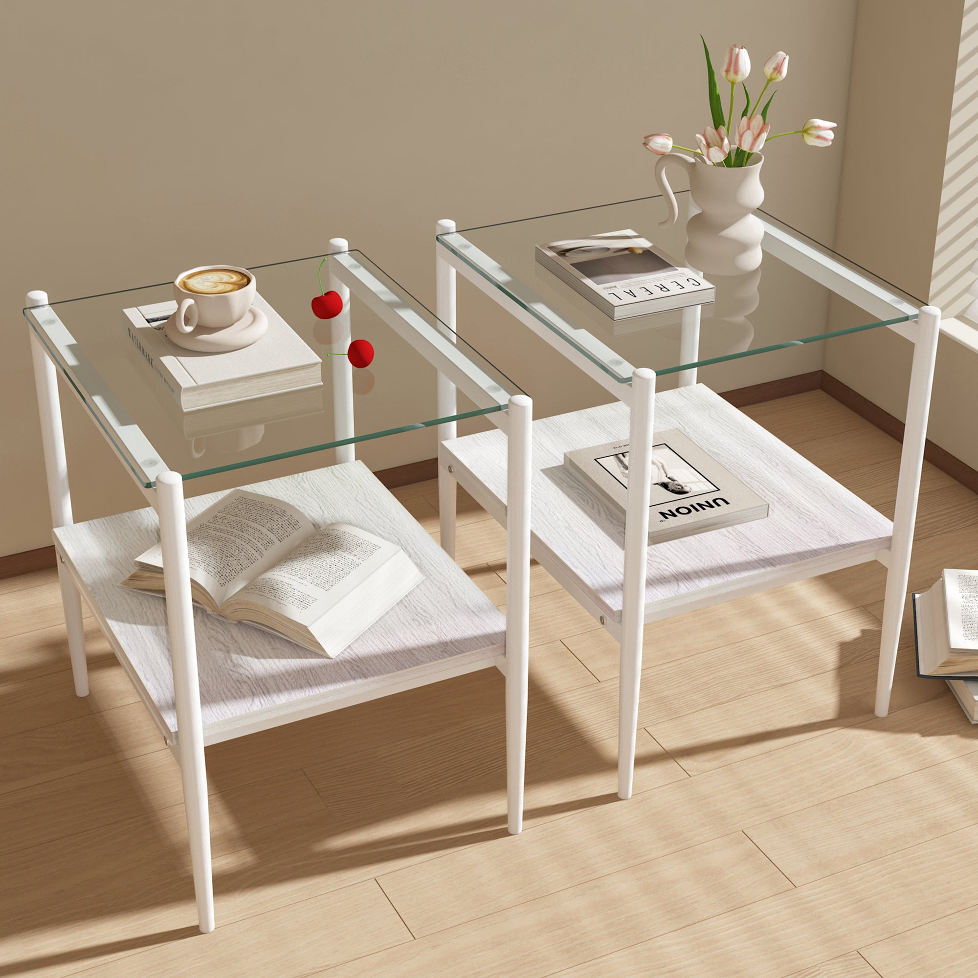 Set of 2 Rectangle End Table, Tempered Glass.