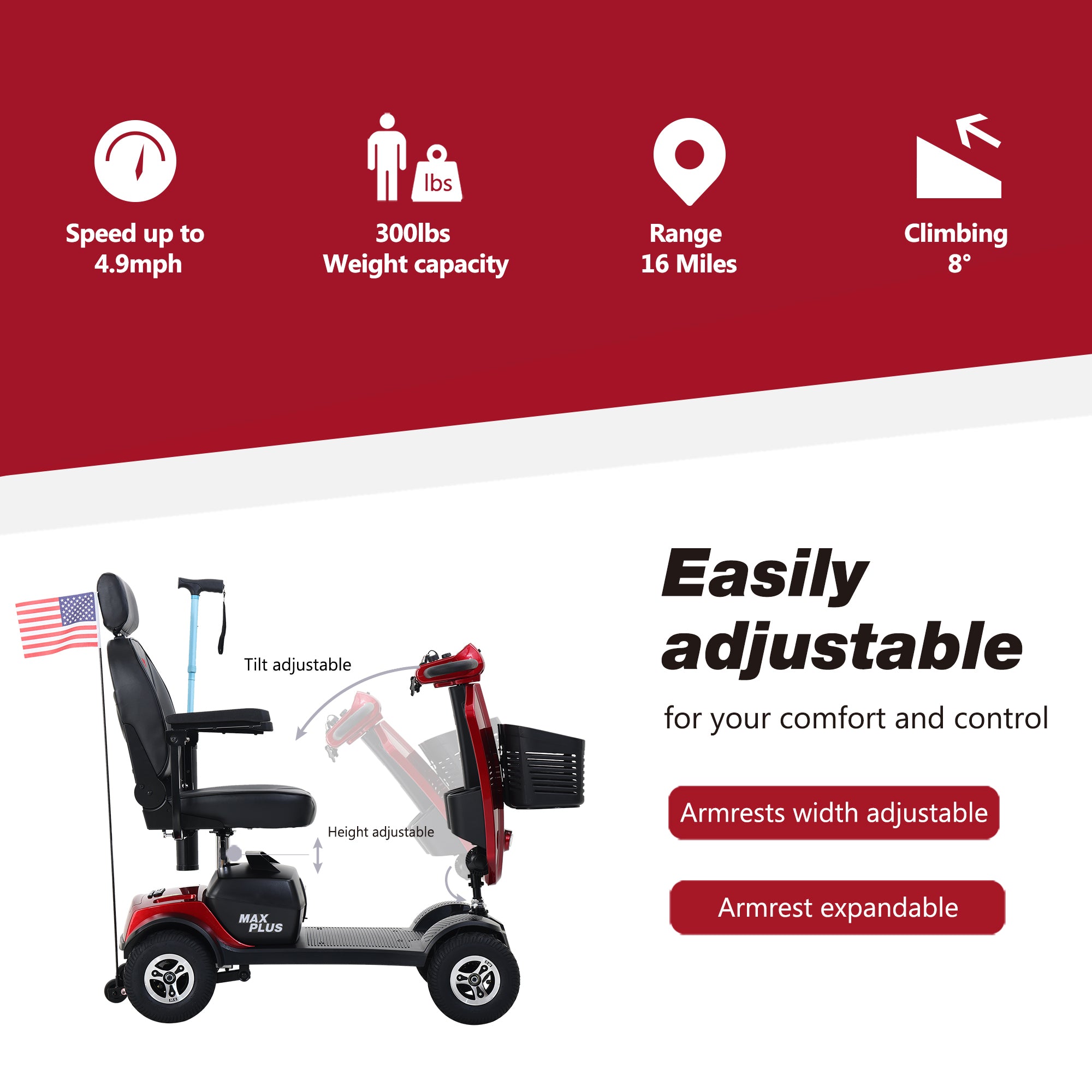 Metro Mobility Max Plus 4-Wheel Mobility Scooter, 300 lb Capacity, 16 Mile Range, Rear Suspension (FREE Raincoat).