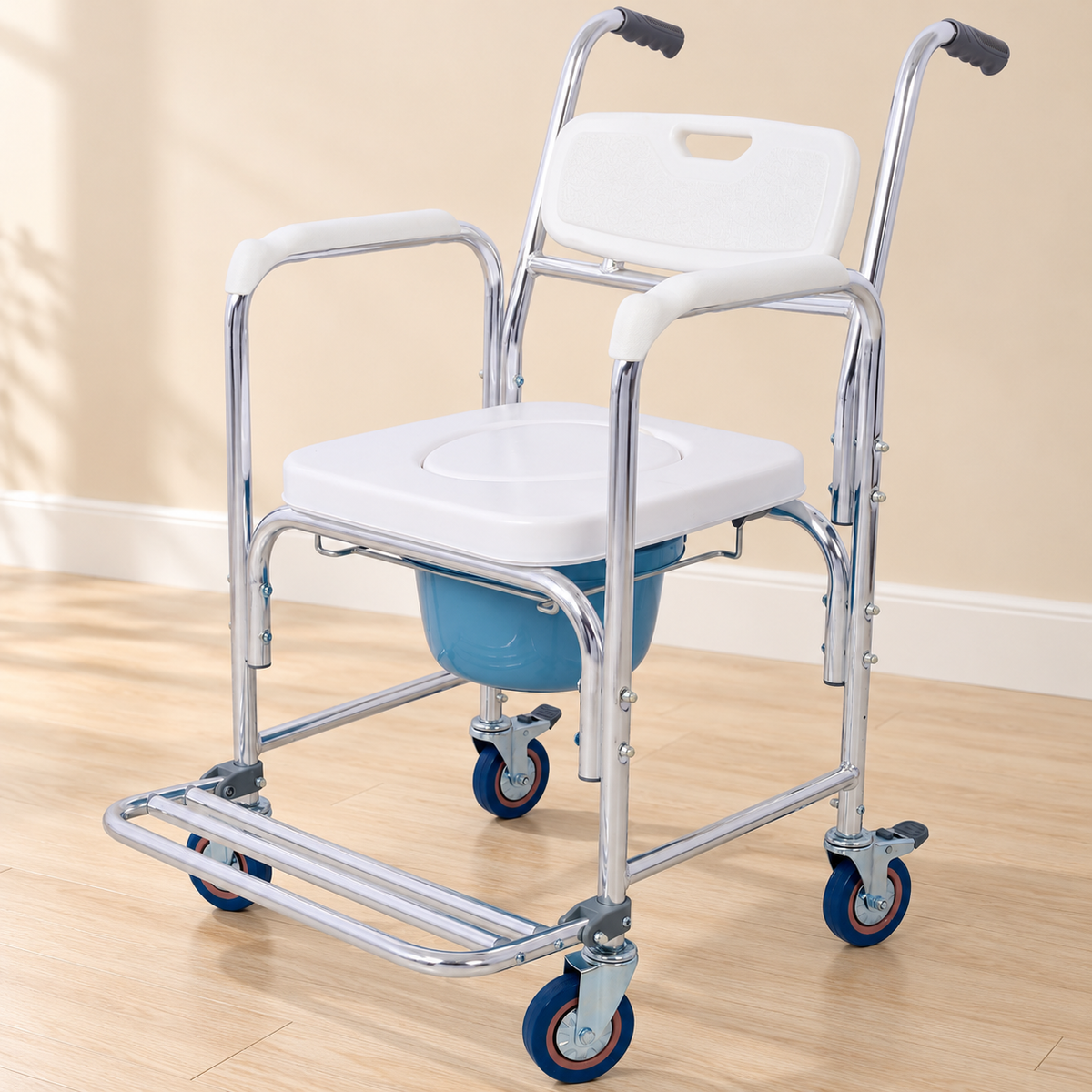 CareMove 4-in-1 Mobile Shower & Commode Chair with Padded Seat and Safety Brakes