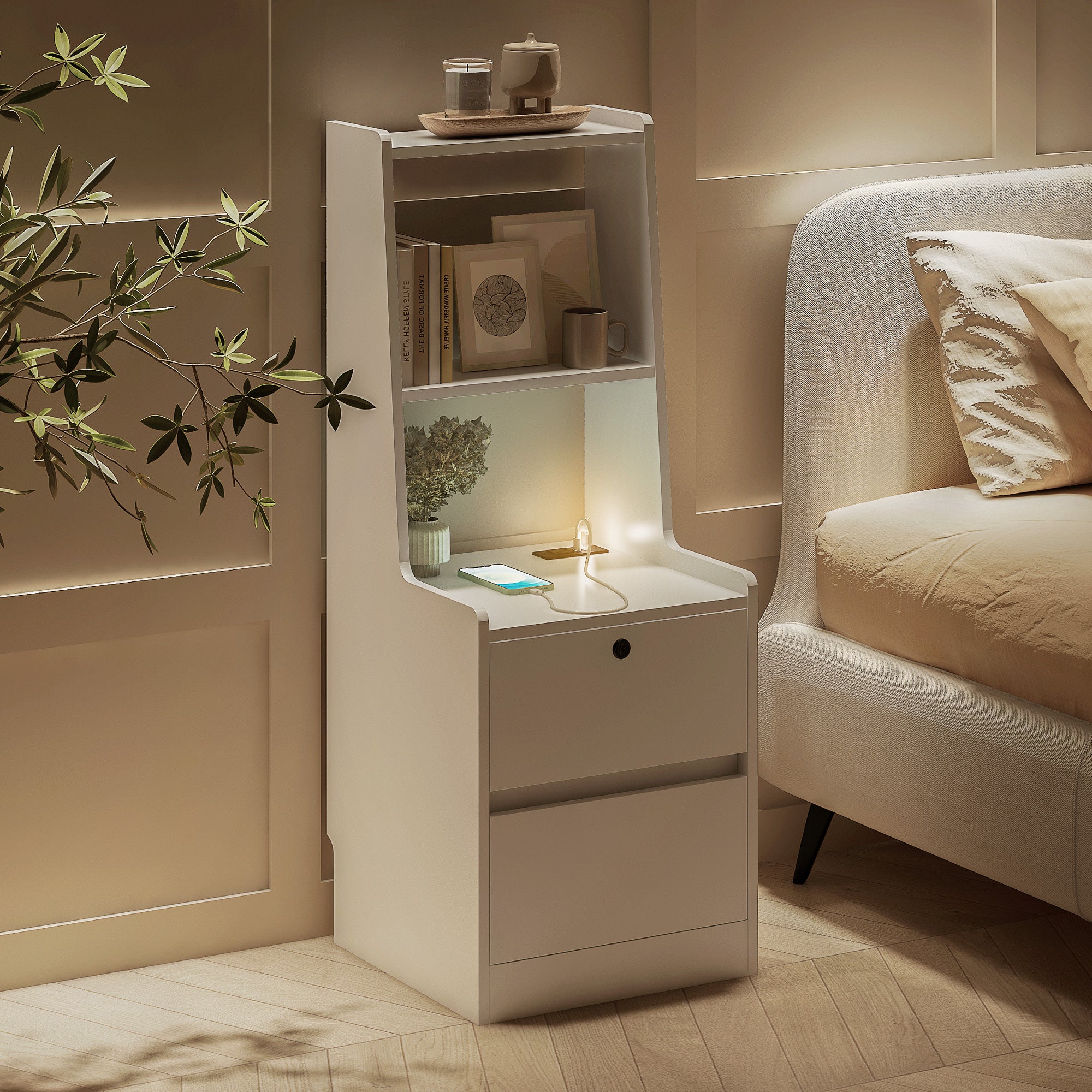 Modern Nightstand with Charging Station, Night Light & Storage Cabinet – White