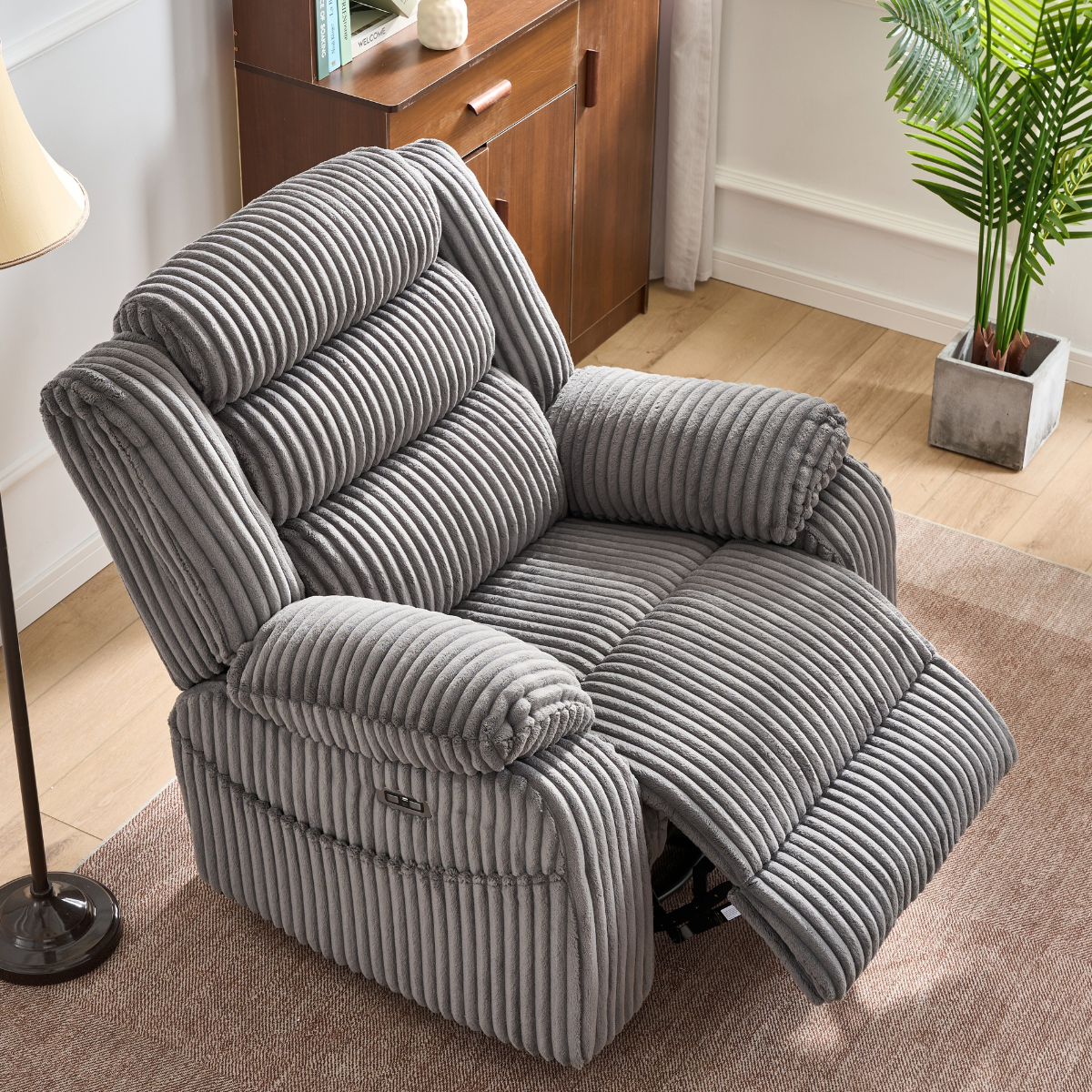 SereneRock Power Swivel Rocker Recliner – Corduroy Massage Chair with Heat, USB & 160° Power Recline -