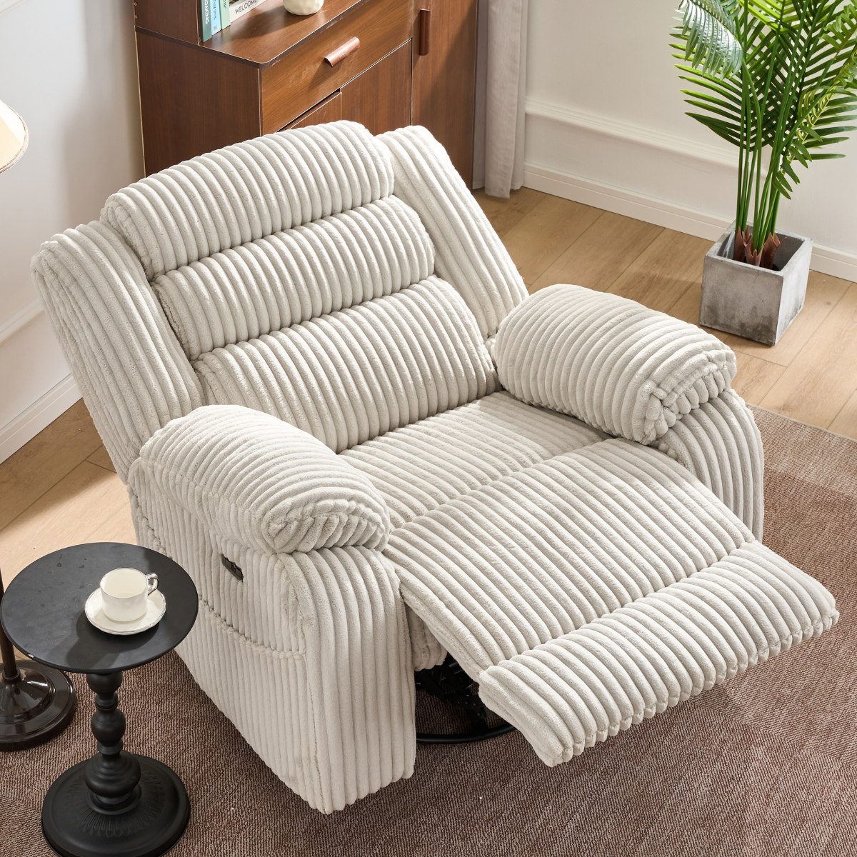 SereneRock Power Swivel Rocker Recliner – Corduroy Massage Chair with Heat, USB & 160° Power Recline -