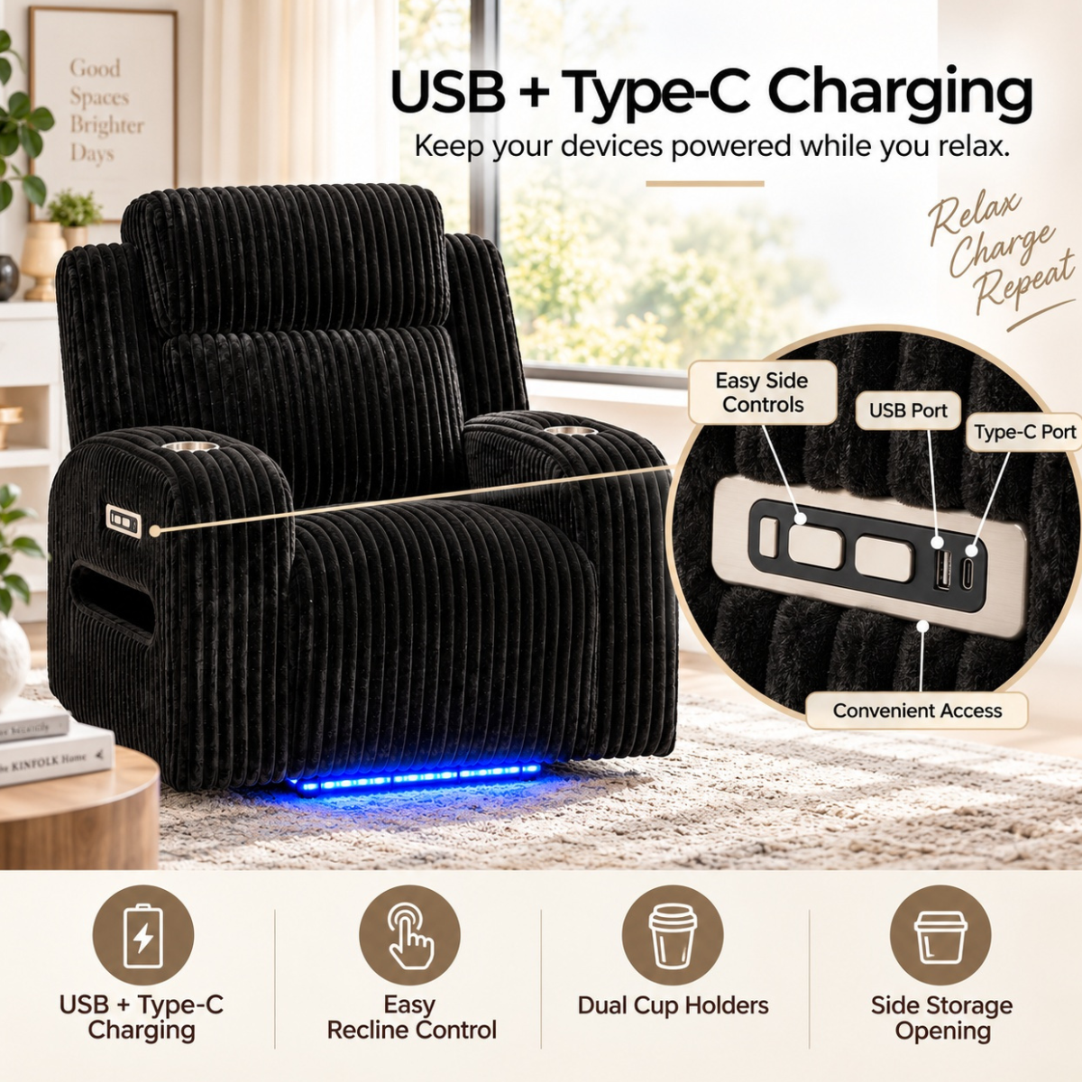 CloudEase Luxe Power Recliner with LED Lighting & USB Charging.