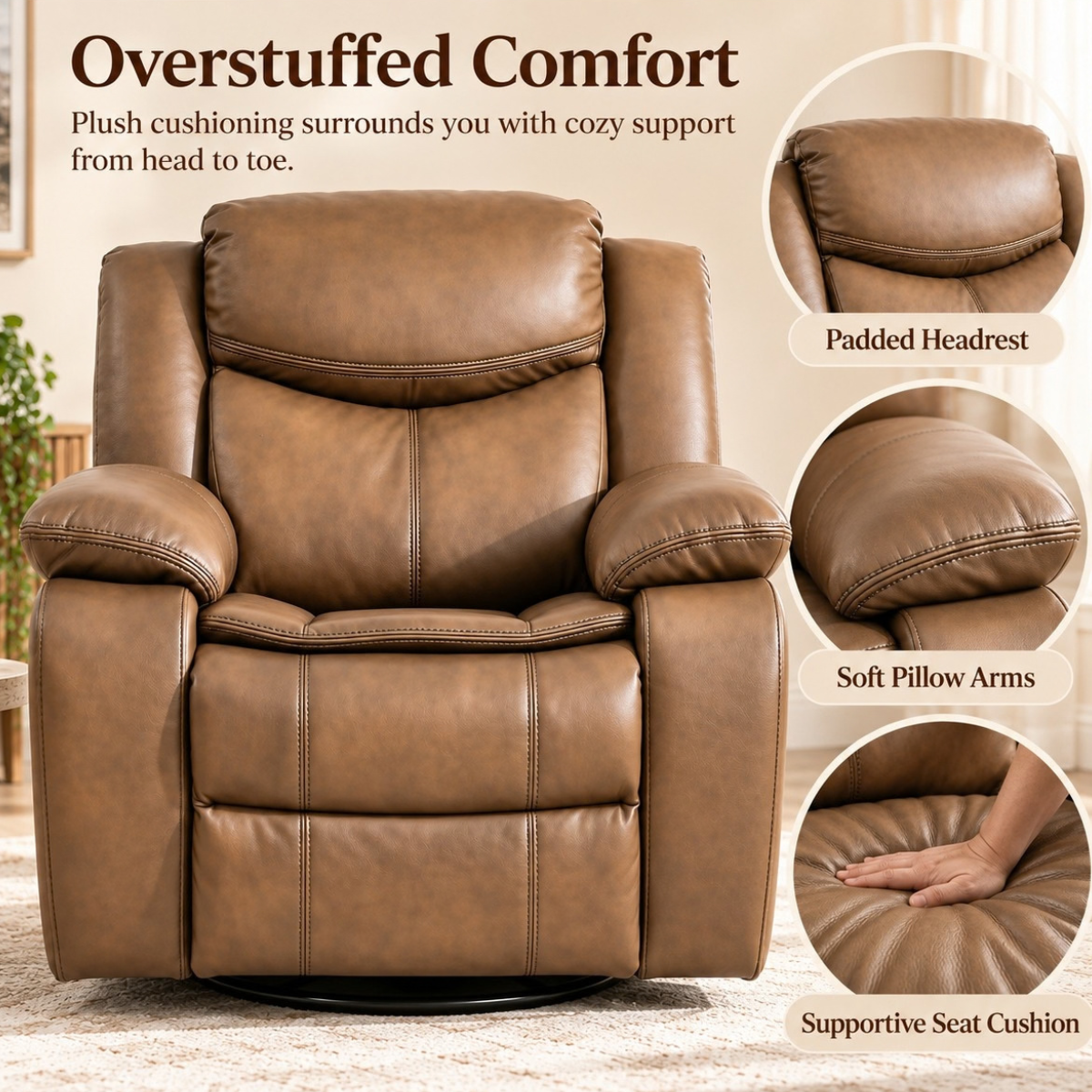 CozyNest Manual Recliner Rocker with 360° Swivel & Padded Armrests