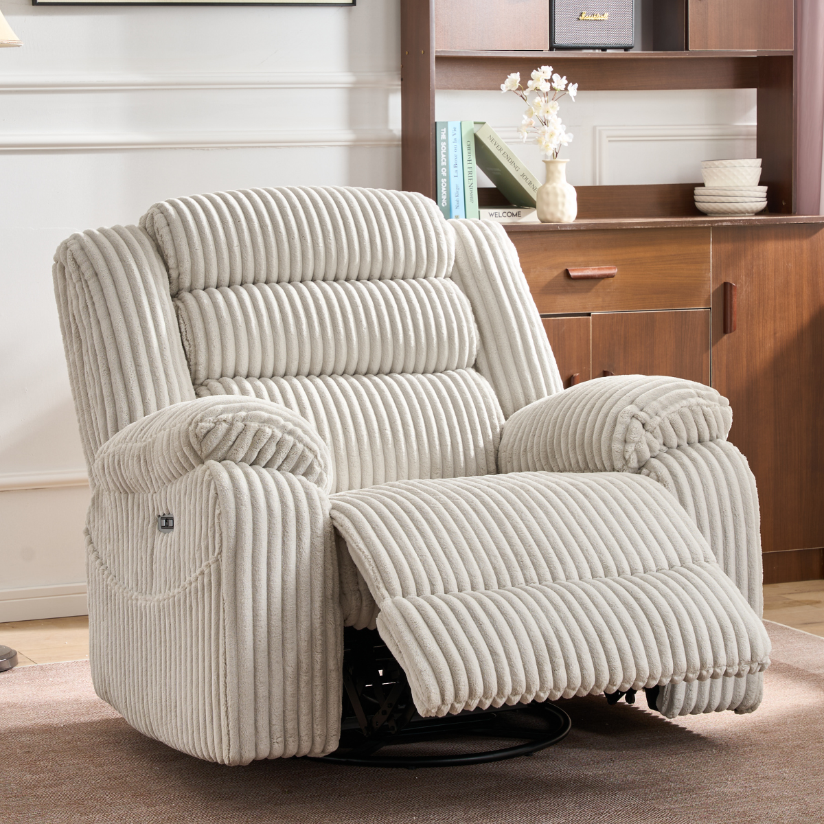 SereneRock Power Swivel Rocker Recliner – Corduroy Massage Chair with Heat, USB & 160° Power Recline -