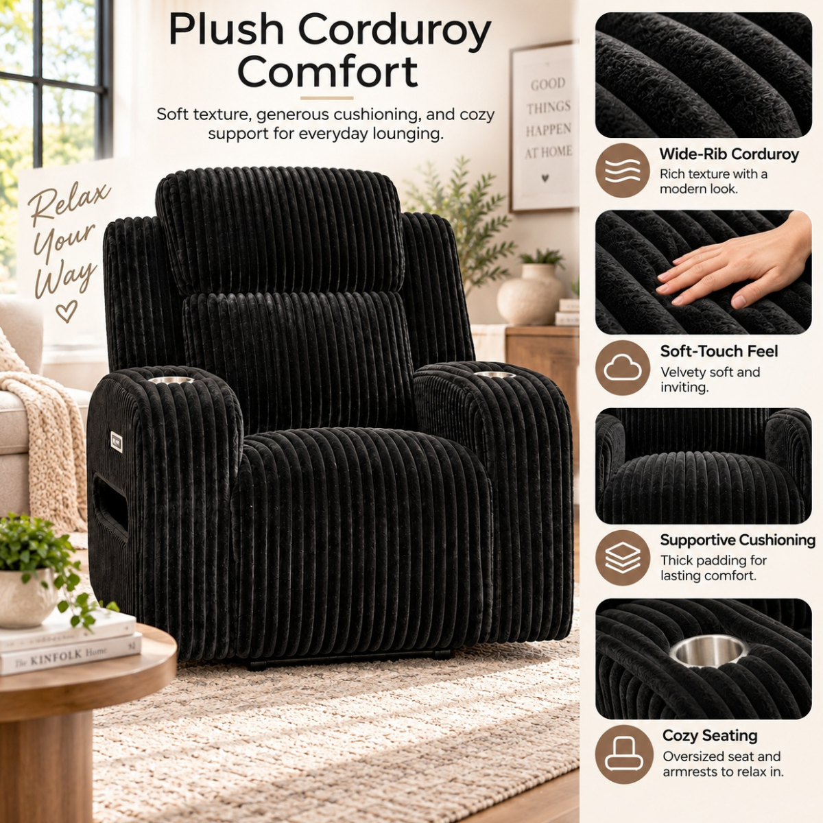 CloudEase Luxe Power Recliner with LED Lighting & USB Charging.