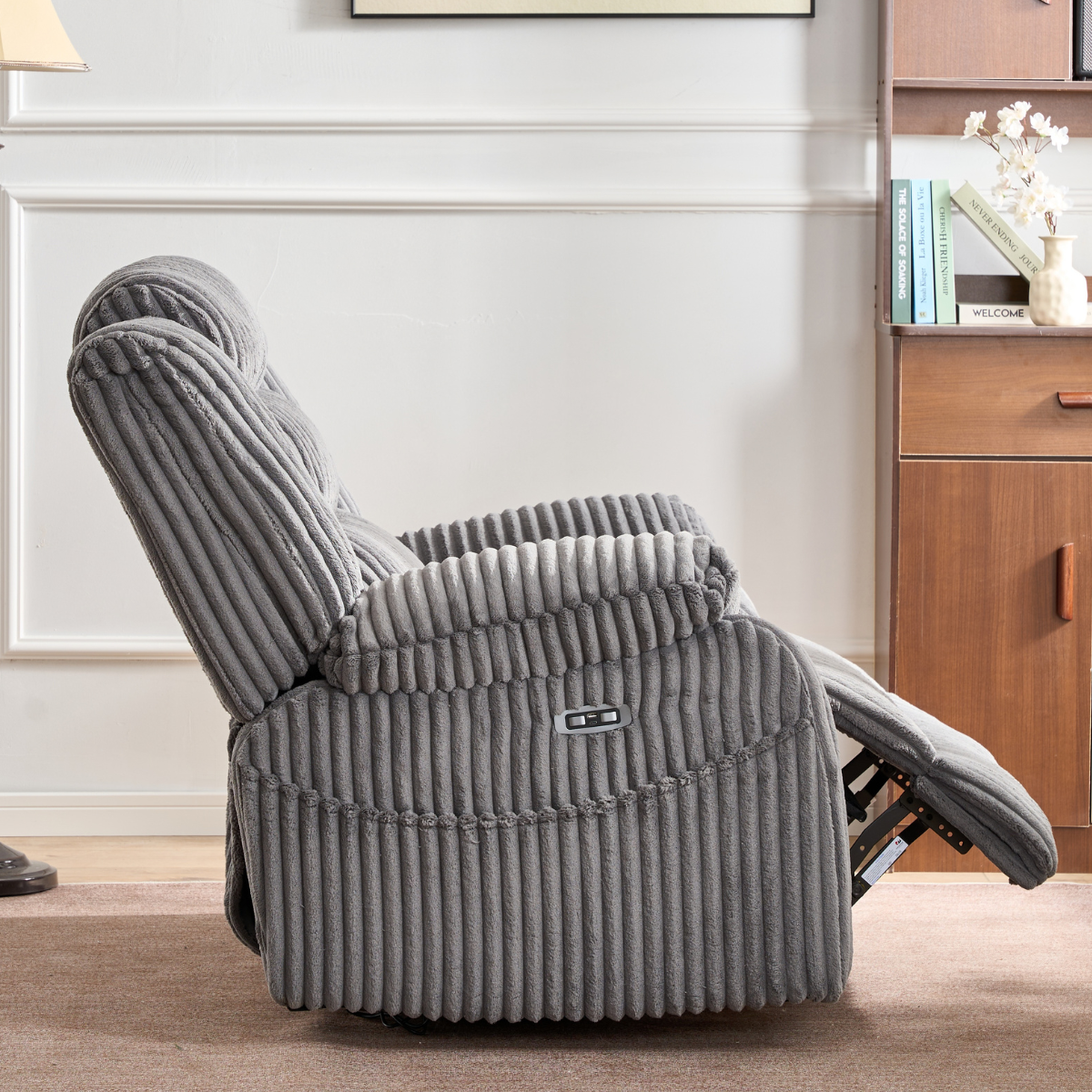 SereneRock Power Swivel Rocker Recliner – Corduroy Massage Chair with Heat, USB & 160° Power Recline -