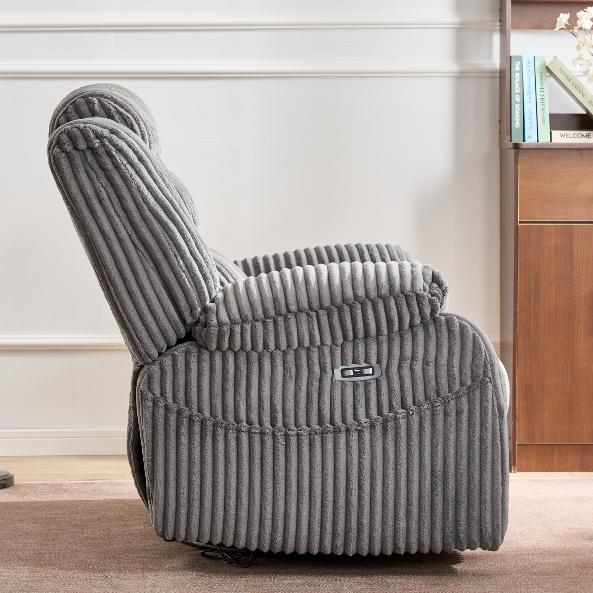 SereneRock Power Swivel Rocker Recliner – Corduroy Massage Chair with Heat, USB & 160° Power Recline -