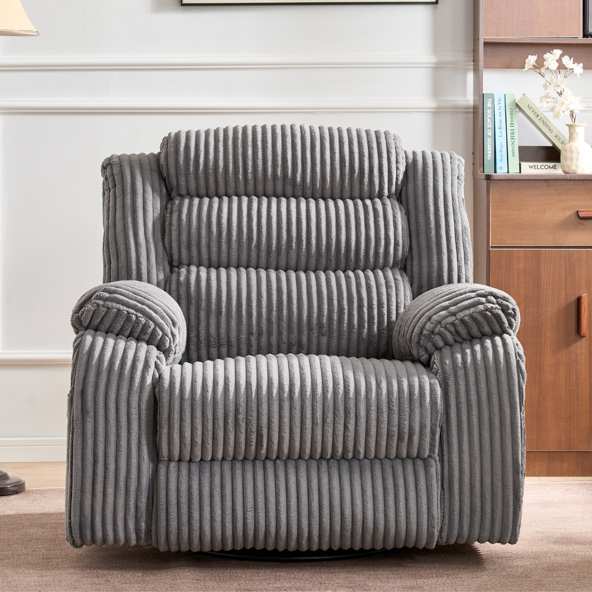 SereneRock Power Swivel Rocker Recliner – Corduroy Massage Chair with Heat, USB & 160° Power Recline -