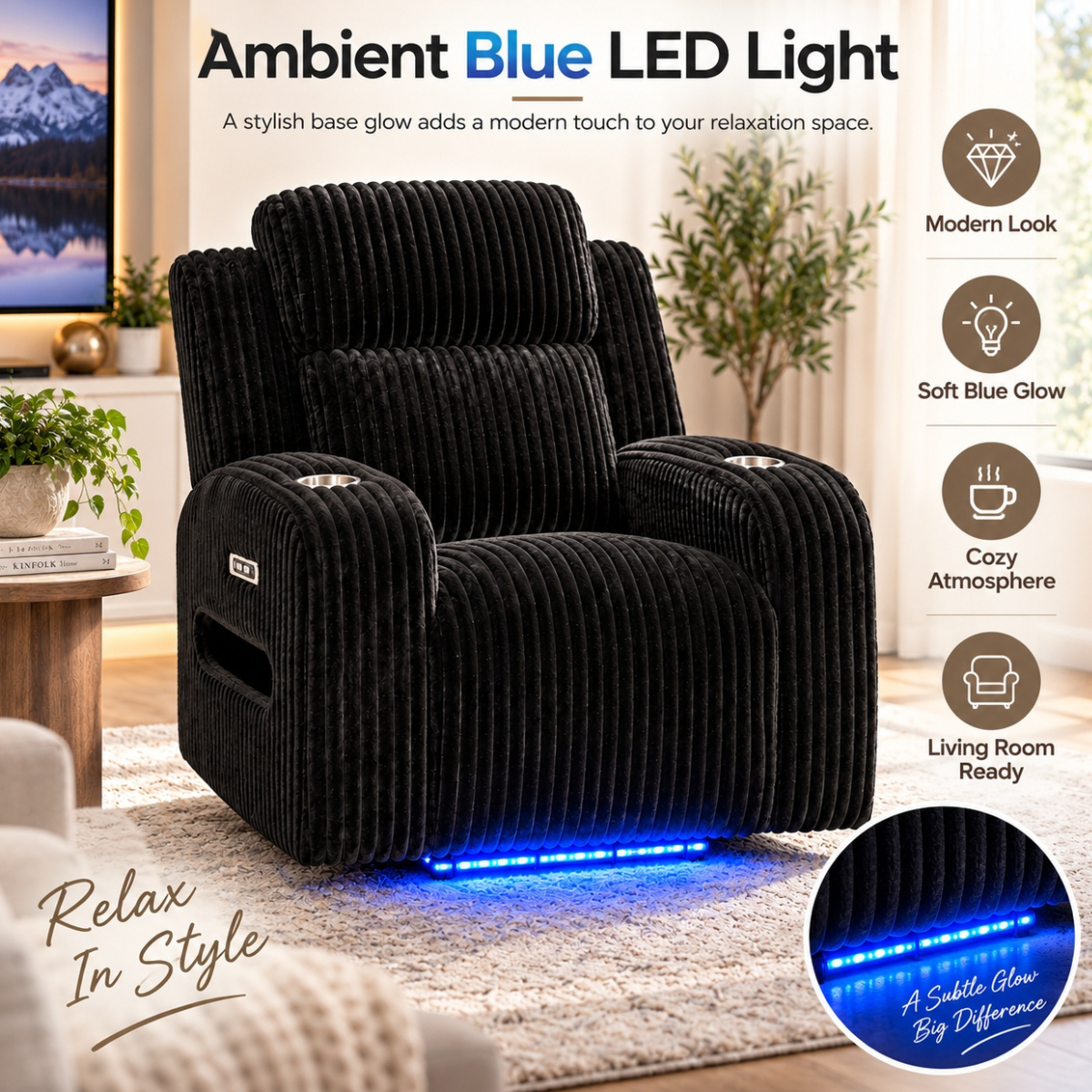 CloudEase Luxe Power Recliner with LED Lighting & USB Charging.