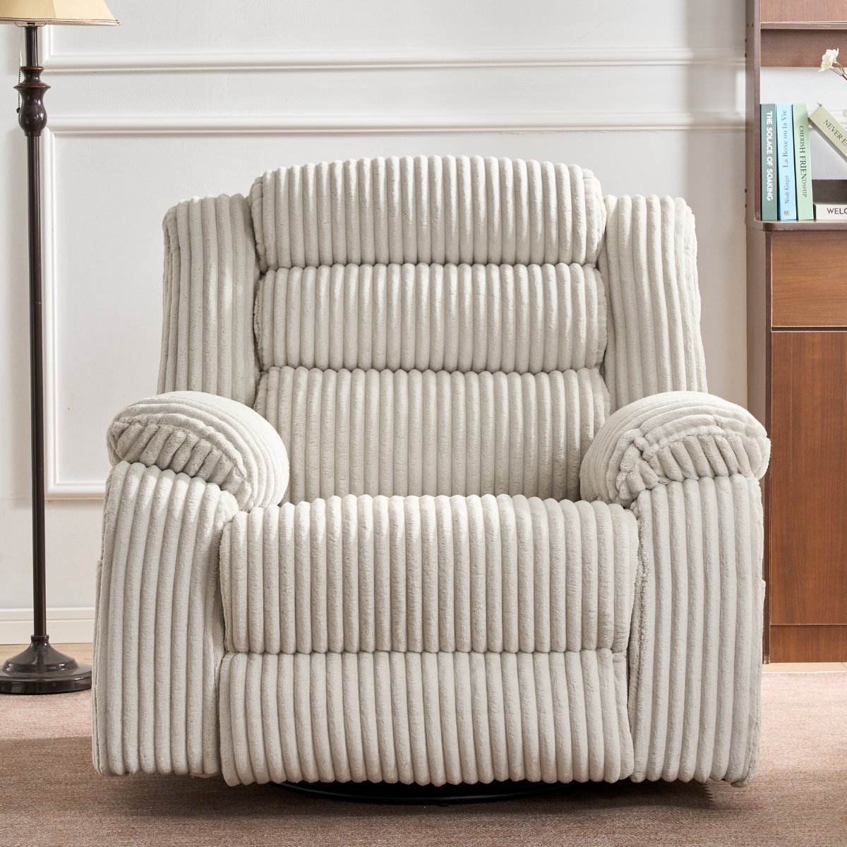 SereneRock Power Swivel Rocker Recliner – Corduroy Massage Chair with Heat, USB & 160° Power Recline -