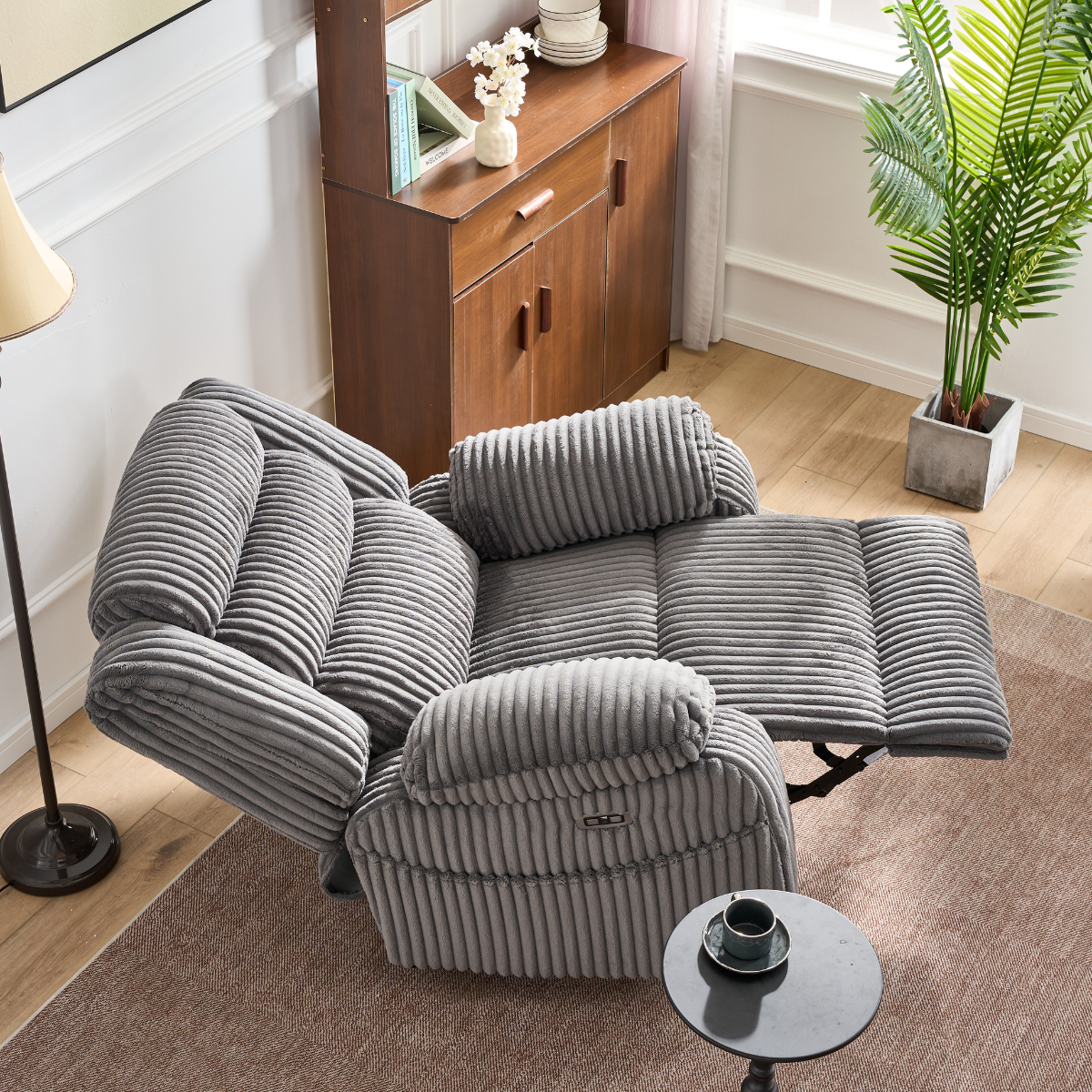 SereneRock Power Swivel Rocker Recliner – Corduroy Massage Chair with Heat, USB & 160° Power Recline -