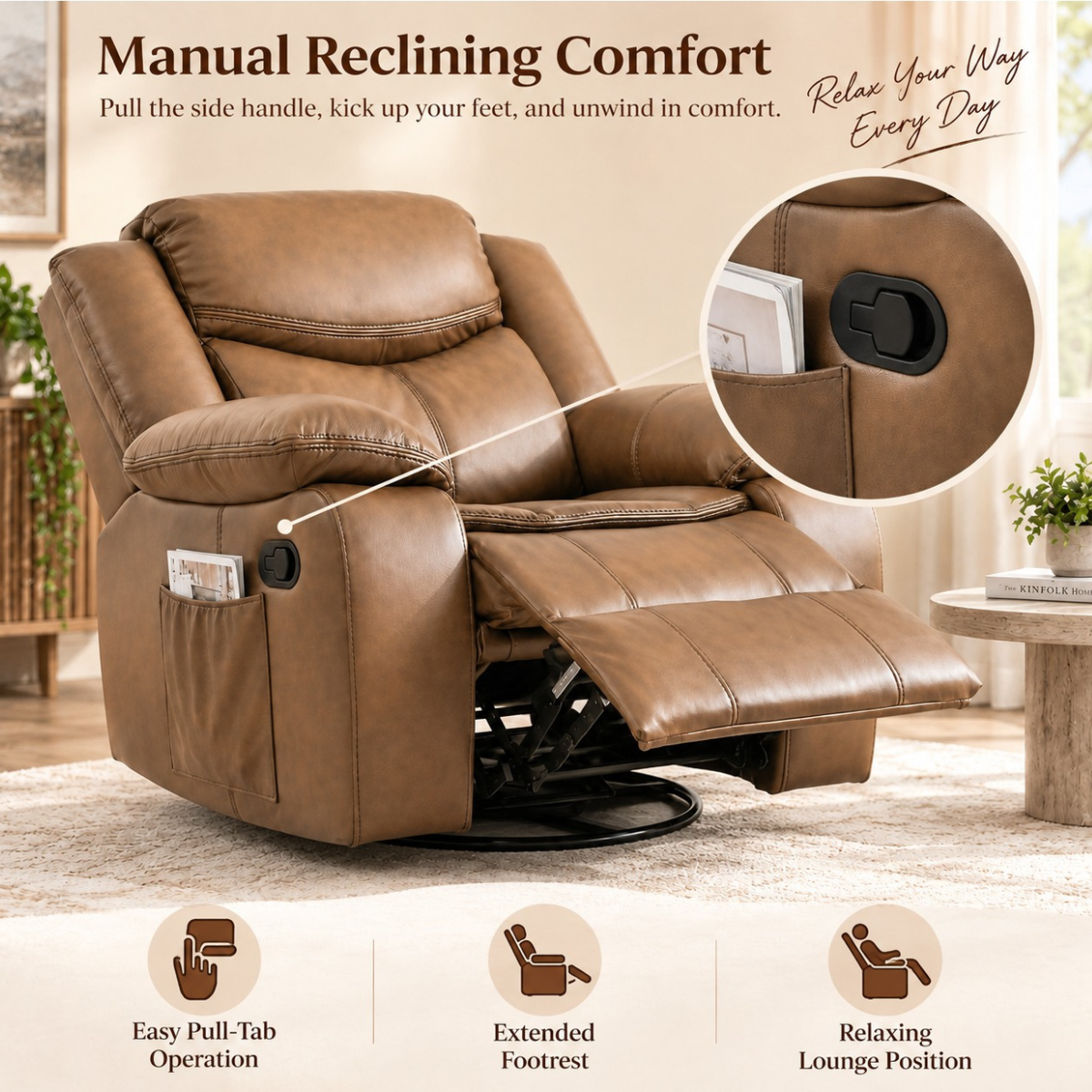 CozyNest Manual Recliner Rocker with 360° Swivel & Padded Armrests