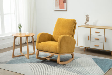 Rocking Chair, up to 300 Lb, Solid Wood, High Back Rest and Ultra Comfy Cushion, Yellow (Free Rug)