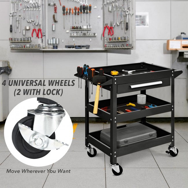 Tool Cart 3-Tray with Drawer and 4 Universal Wheels