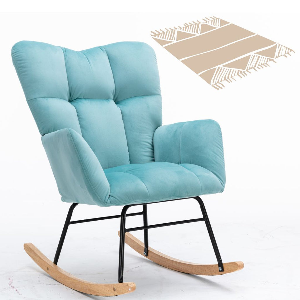 Rocking Chair, up to 300 Lb, Premium Velvet, High Back Rest, Cyan Blue (Free Rug)