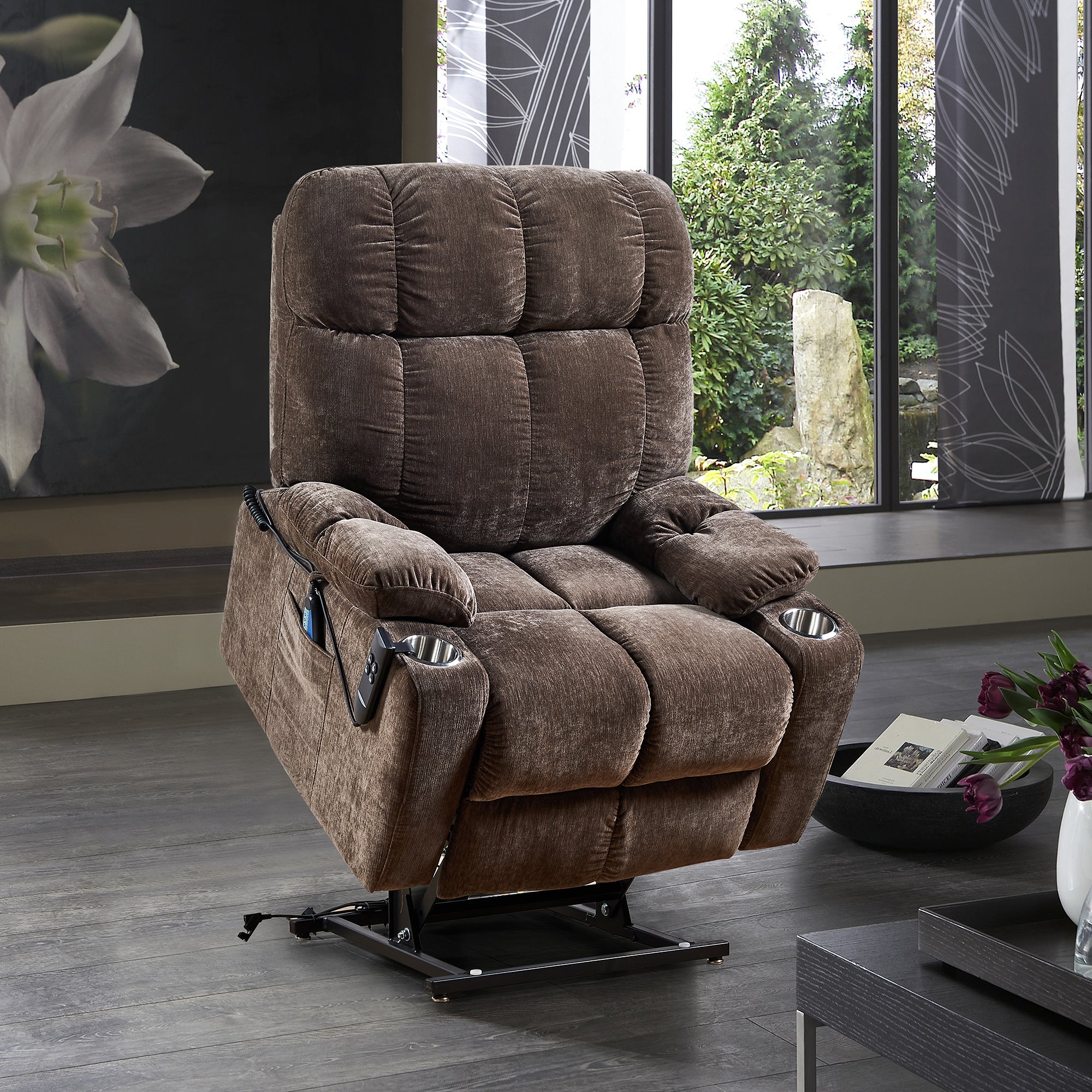 NestingCloud Lift Chair for Elderly with Dual Motor, 180° Lay Flat Recliner, Heat and Massage, Brown ‪(FREE 2 Years Warranty).