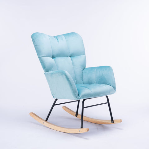 Rocking Chair, up to 300 Lb, Premium Velvet, High Back Rest, Cyan Blue (Free Rug)