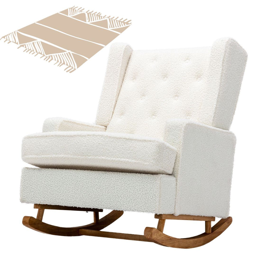 Rocking Chair, up to 300 Lb, Solid Wood, Ultra Comfy Cushion, White (Free Rug)