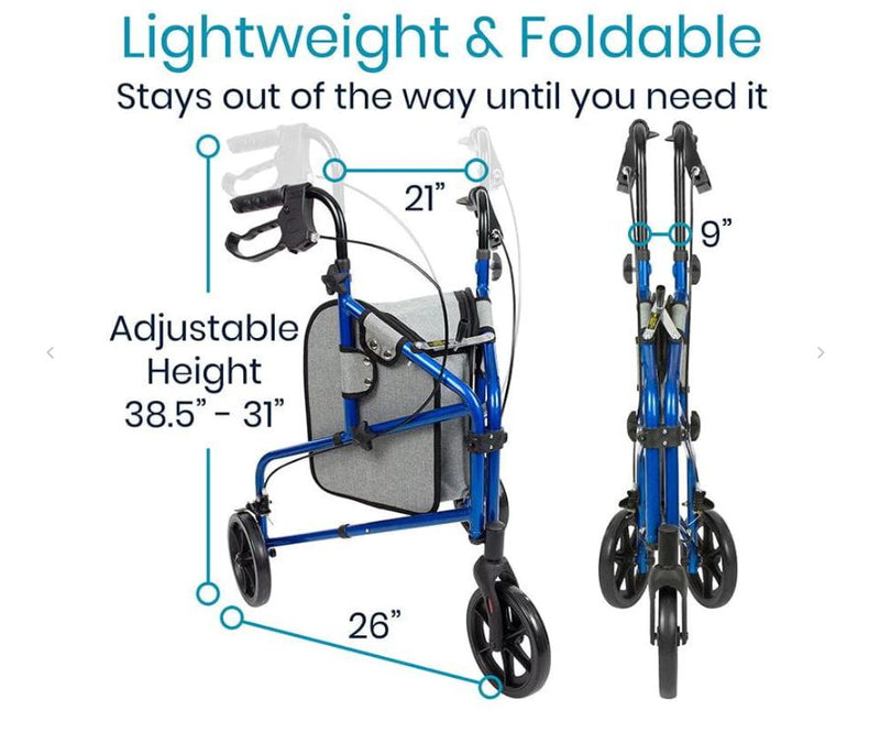 VIVE 3 Wheel Walker Rollator - Lightweight Foldable Walking Transport
