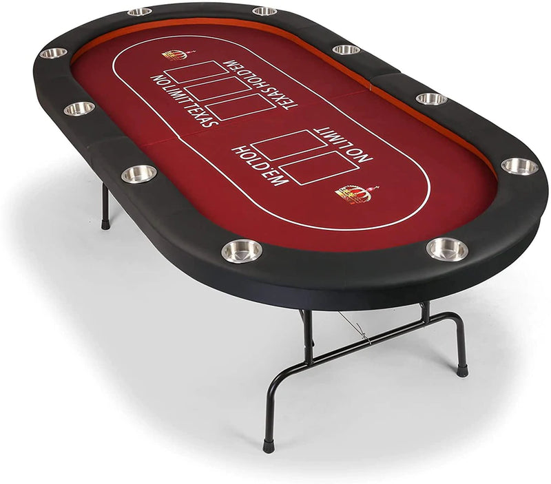 Folding Casart Poker Table 91 Inch, 10 Players Card Game Table with Metal Frame and 10 Cup Holders, Red