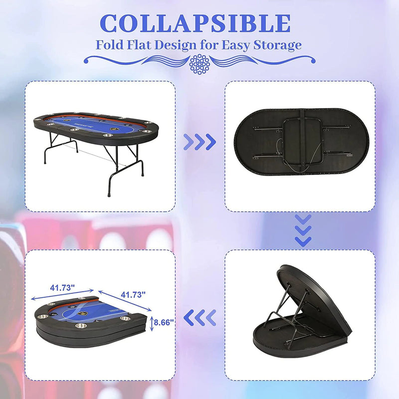 Folding Poker Table 84 Inch, 10 Players Casino Style Table with Deep Steel Cup Holder