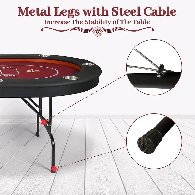 Folding Casart Poker Table 91 Inch, 10 Players Card Game Table with Metal Frame and 10 Cup Holders, Red