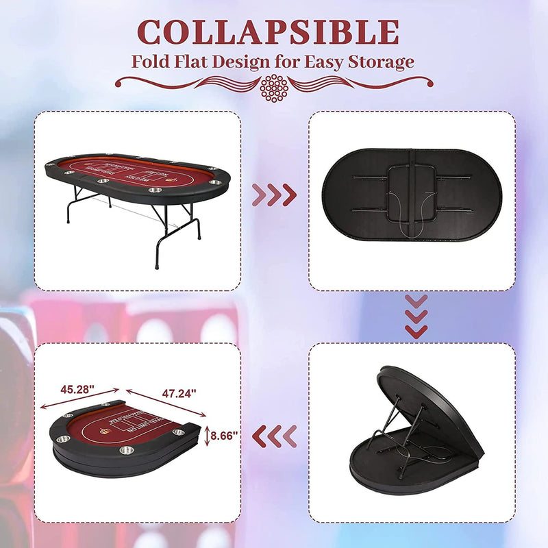 Folding Casart Poker Table 91 Inch, 10 Players Card Game Table with Metal Frame and 10 Cup Holders, Red