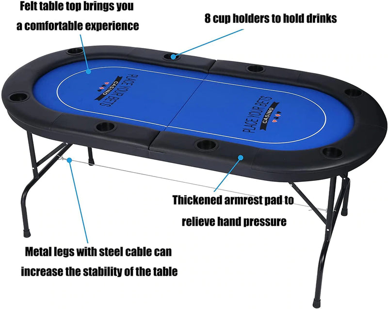 Folding Poker Table 72 Inch, Texas Holdem Multiple Players Casino Games Blackjack Baccarat