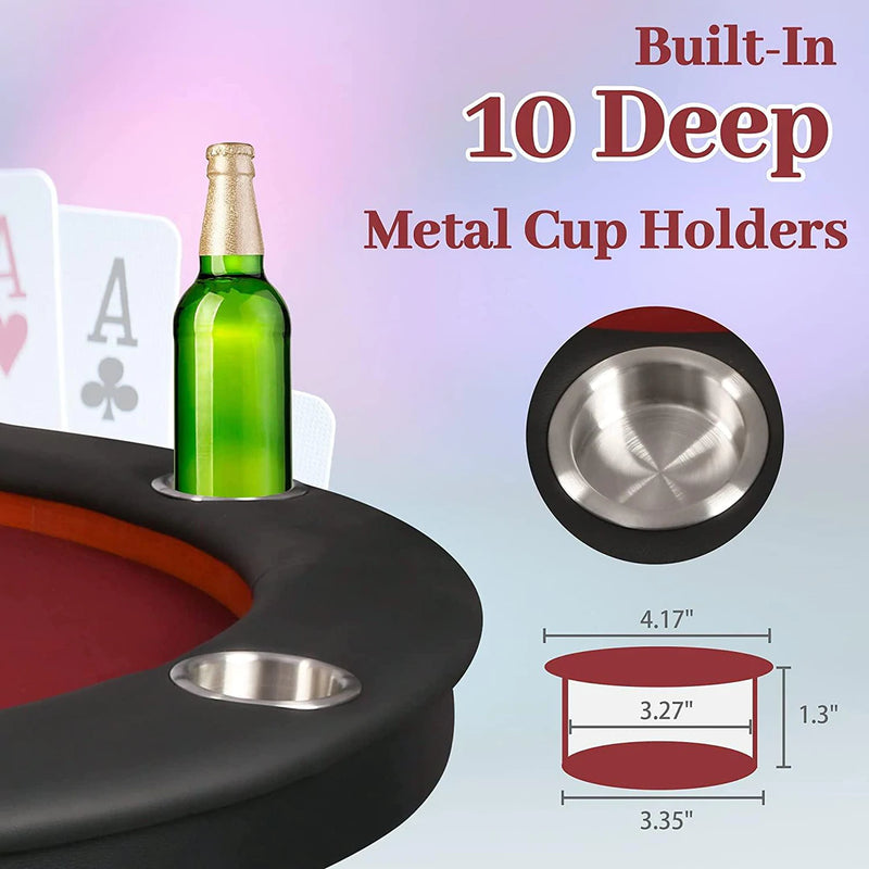 Folding Casart Poker Table 91 Inch, 10 Players Card Game Table with Metal Frame and 10 Cup Holders, Red