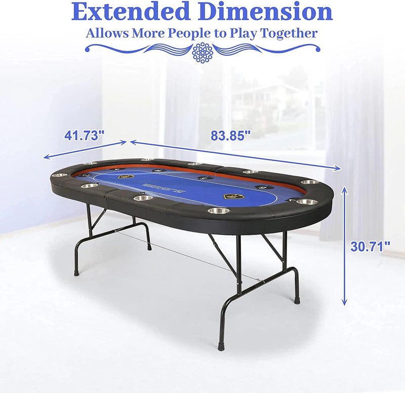 Folding Poker Table 84 Inch, 10 Players Casino Style Table with Deep Steel Cup Holder