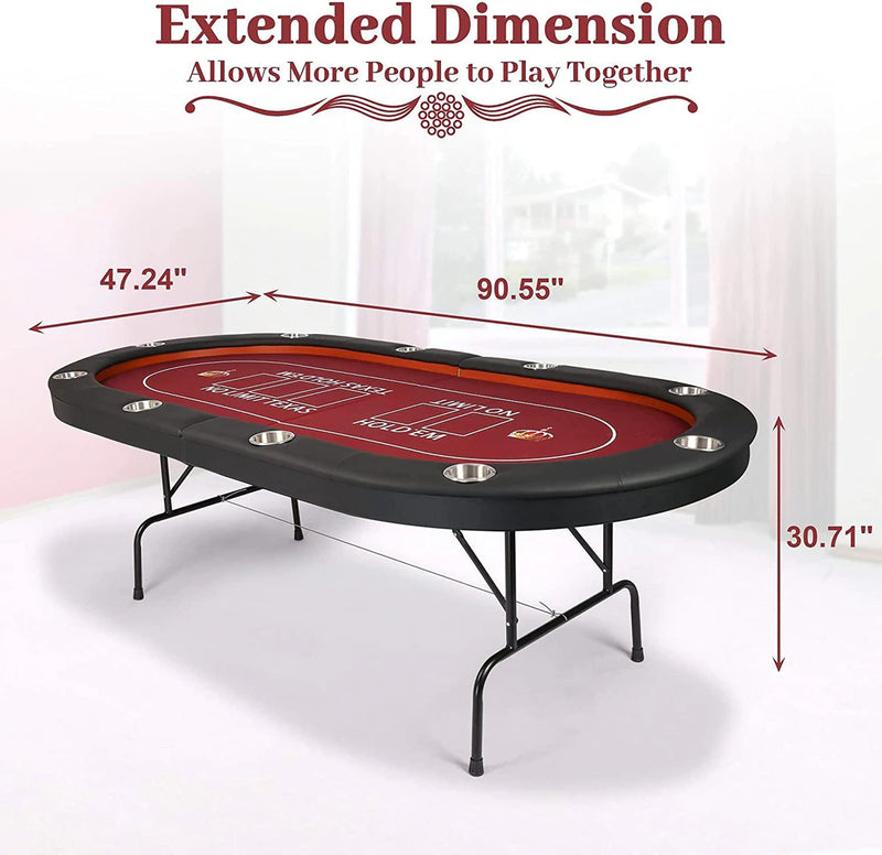 Folding Casart Poker Table 91 Inch, 10 Players Card Game Table with Metal Frame and 10 Cup Holders, Red