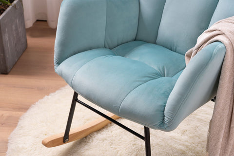 Rocking Chair, up to 300 Lb, Premium Velvet, High Back Rest, Cyan Blue (Free Rug)