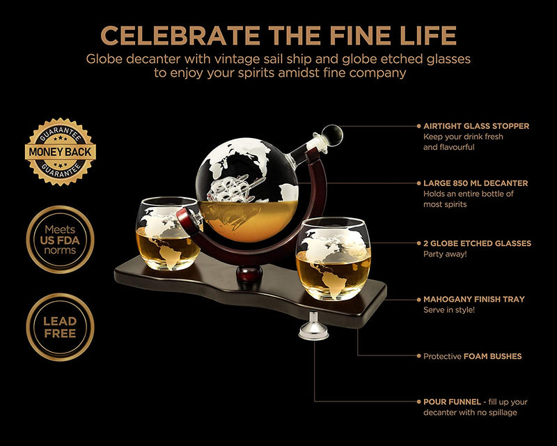 Globe Decanter Whiskey Decanter Sets with Two Glasses