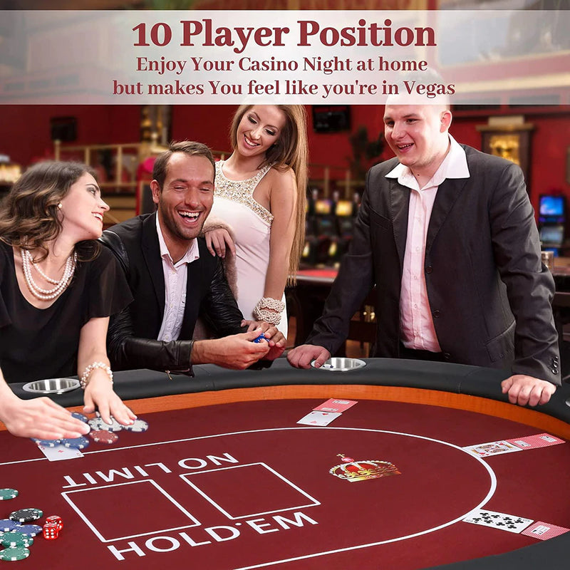 Folding Casart Poker Table 91 Inch, 10 Players Card Game Table with Metal Frame and 10 Cup Holders, Red