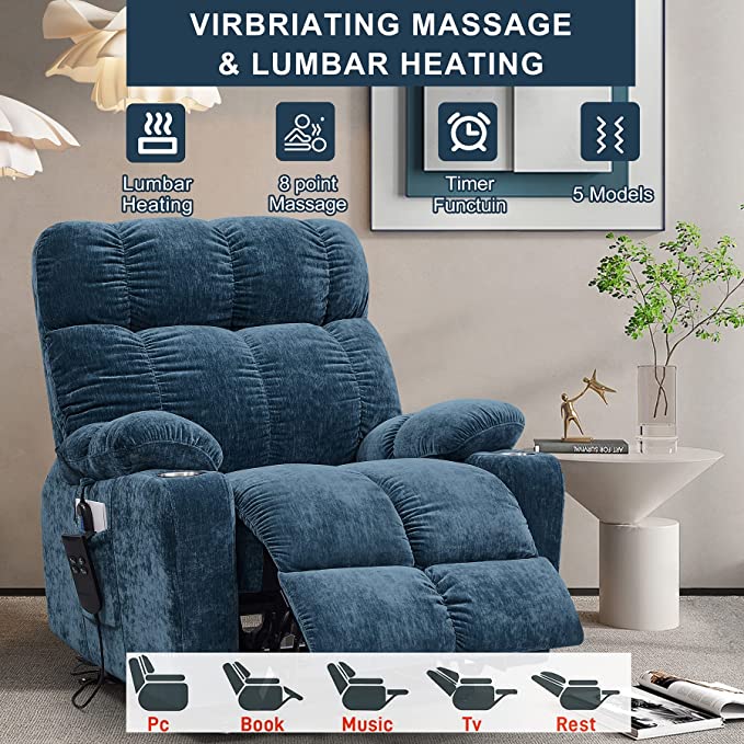NestingCloud Lift Chair for Elderly with Dual Motor, 180° Lay Flat Recliner, Heat and Massage, Blue ‪(FREE 2 Years Warranty).