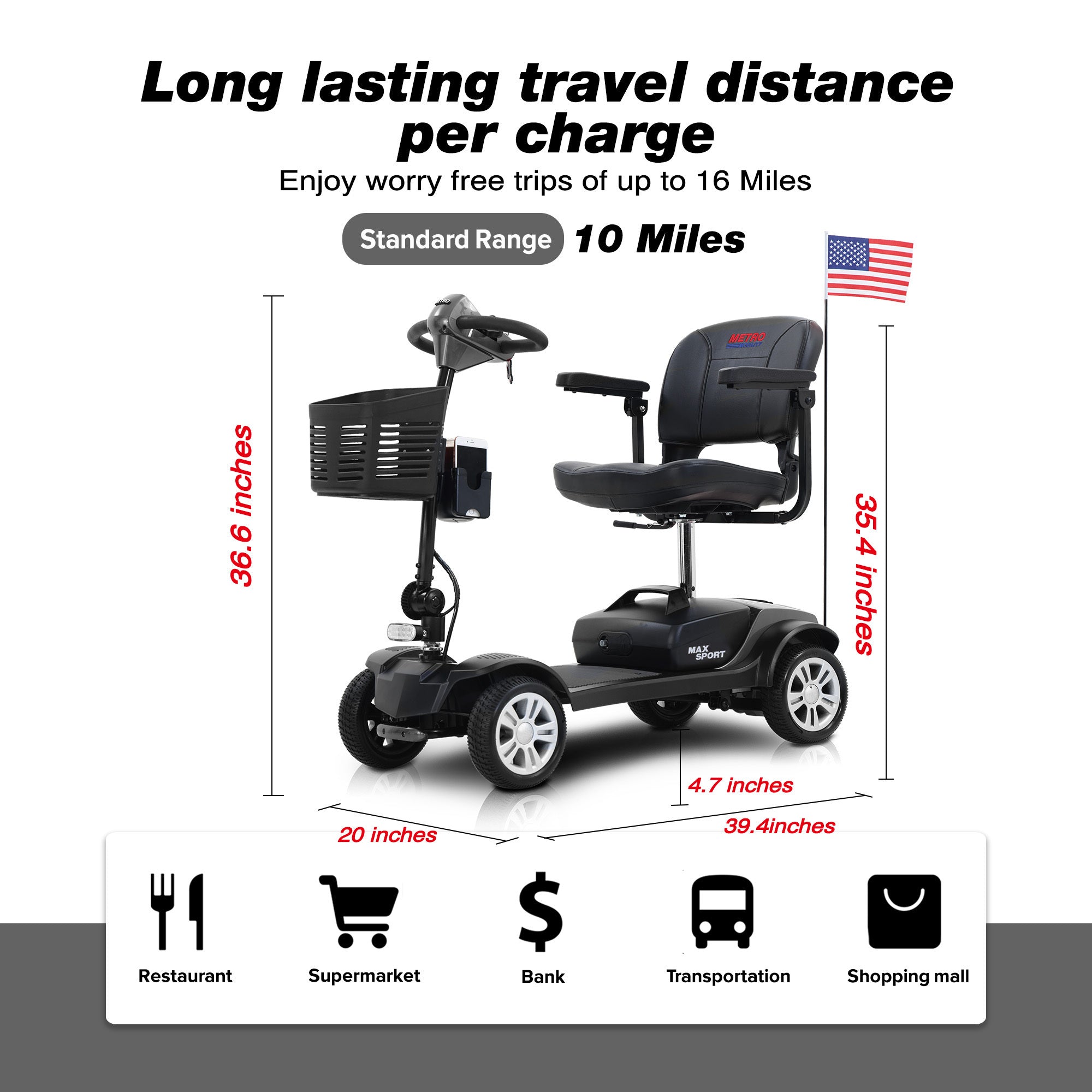 Metro Mobility MAX SPORT 4-Wheel Mobility Scooter, Flat Free Tires, 300 Watt, and Automatic Braking System - Grey (FREE Raincoat)