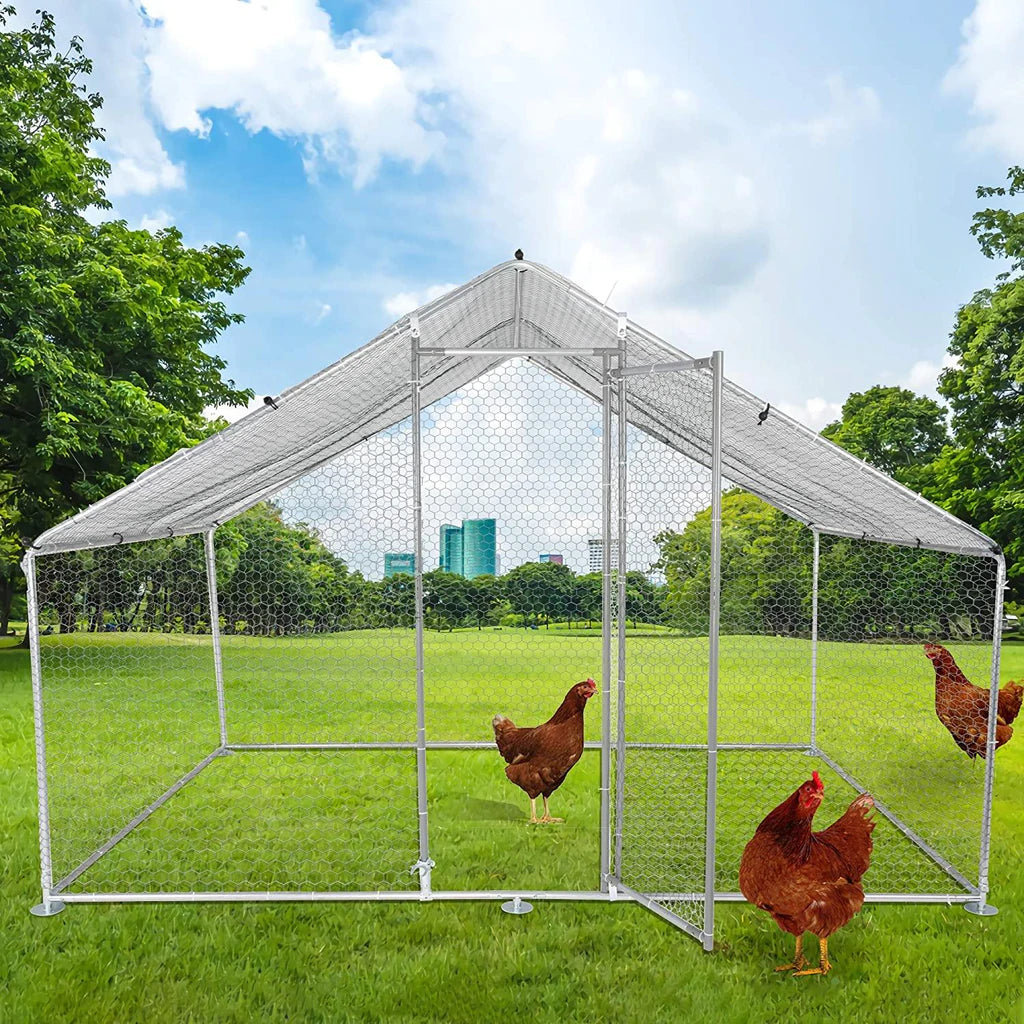 Outdoor Metal Chicken Coop Large Walk-in Poultry Cage Backyard Hen House with Chicken Run Cover for Farm Home Use 10x6.5x6.5ft