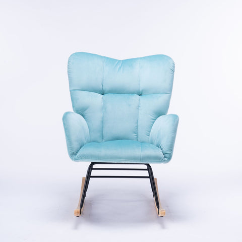 Rocking Chair, up to 300 Lb, Premium Velvet, High Back Rest, Cyan Blue (Free Rug)