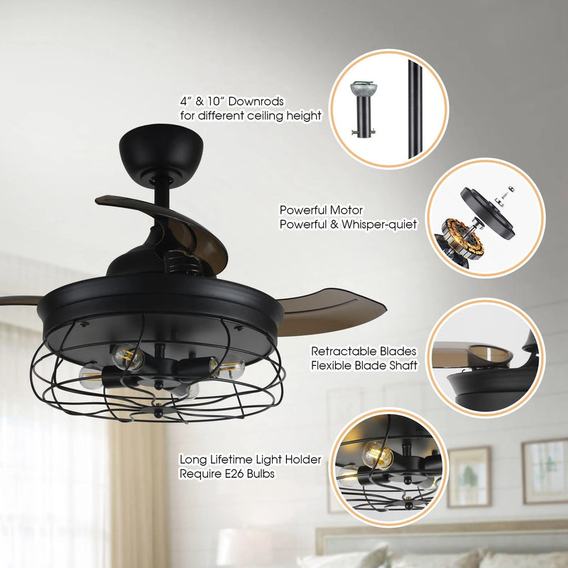 34" Benally Industrial DC Motor Chrome Downrod Mount Reversible Crystal Ceiling Fan with Lighting and Remote Control (Black)