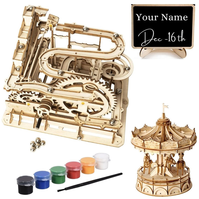ROKR Marble Run Wooden Model Kits with Merry-Go-Round, Chalk Board and Paint