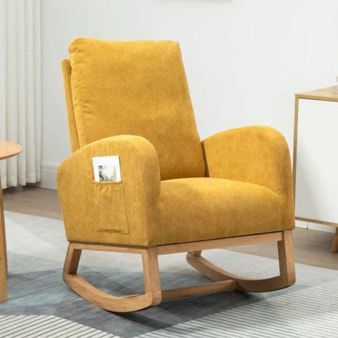 Rocking Chair, up to 300 Lb, Solid Wood, High Back Rest and Ultra Comfy Cushion, Yellow (Free Rug)