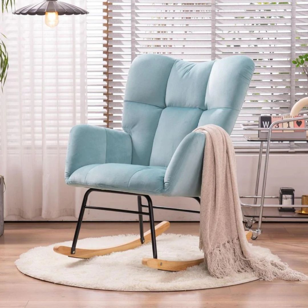 Rocking Chair, up to 300 Lb, Premium Velvet, High Back Rest, Cyan Blue (Free Rug)