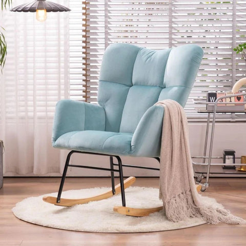 Rocking Chair, up to 300 Lb, Premium Velvet, High Back Rest, Cyan Blue (Free Rug)