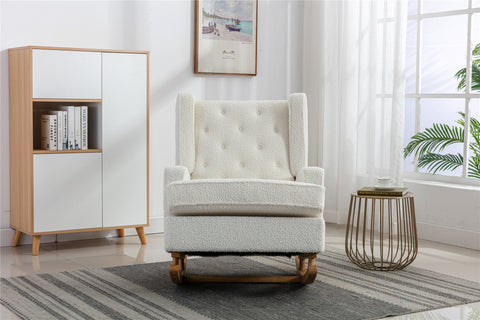 Rocking Chair, up to 300 Lb, Solid Wood, Ultra Comfy Cushion, White (Free Rug)