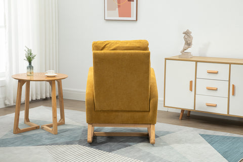 Rocking Chair, up to 300 Lb, Solid Wood, High Back Rest and Ultra Comfy Cushion, Yellow (Free Rug)