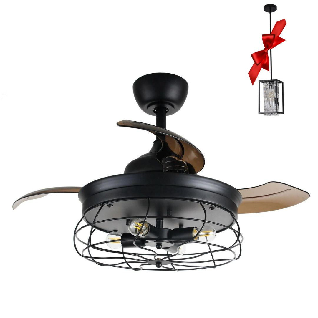 34" Benally Industrial DC Motor Chrome Downrod Mount Reversible Crystal Ceiling Fan with Lighting and Remote Control (Black)