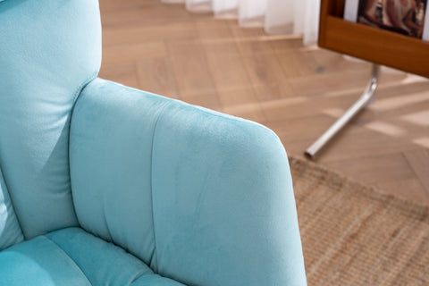 Rocking Chair, up to 300 Lb, Premium Velvet, High Back Rest, Cyan Blue (Free Rug)